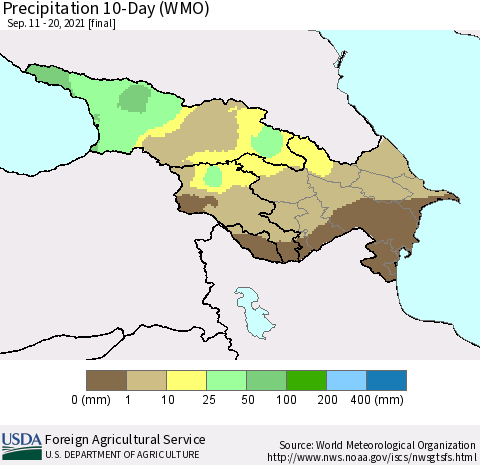Azerbaijan, Armenia and Georgia Precipitation 10-Day (WMO) Thematic Map For 9/11/2021 - 9/20/2021