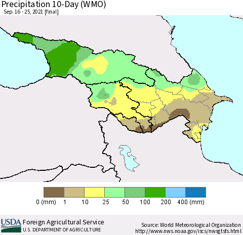 Azerbaijan, Armenia and Georgia Precipitation 10-Day (WMO) Thematic Map For 9/16/2021 - 9/25/2021