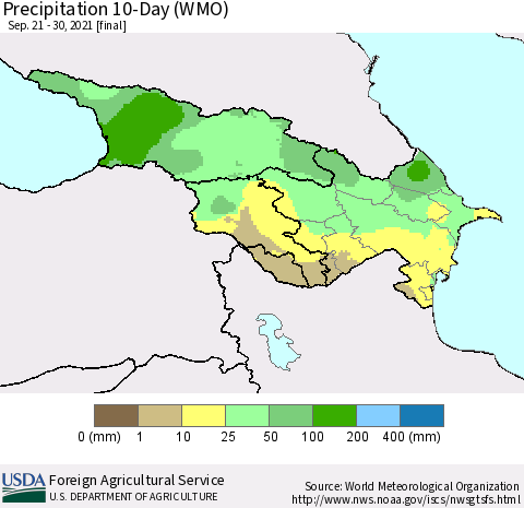 Azerbaijan, Armenia and Georgia Precipitation 10-Day (WMO) Thematic Map For 9/21/2021 - 9/30/2021