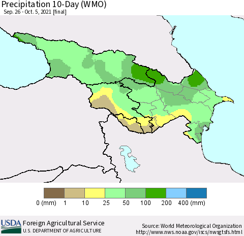 Azerbaijan, Armenia and Georgia Precipitation 10-Day (WMO) Thematic Map For 9/26/2021 - 10/5/2021