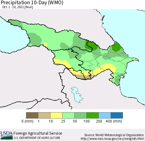 Azerbaijan, Armenia and Georgia Precipitation 10-Day (WMO) Thematic Map For 10/1/2021 - 10/10/2021