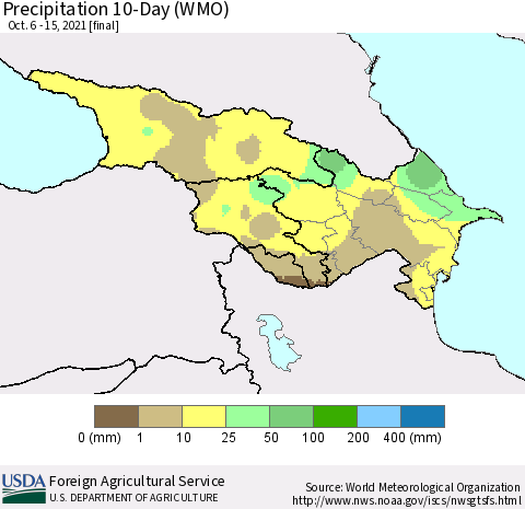 Azerbaijan, Armenia and Georgia Precipitation 10-Day (WMO) Thematic Map For 10/6/2021 - 10/15/2021