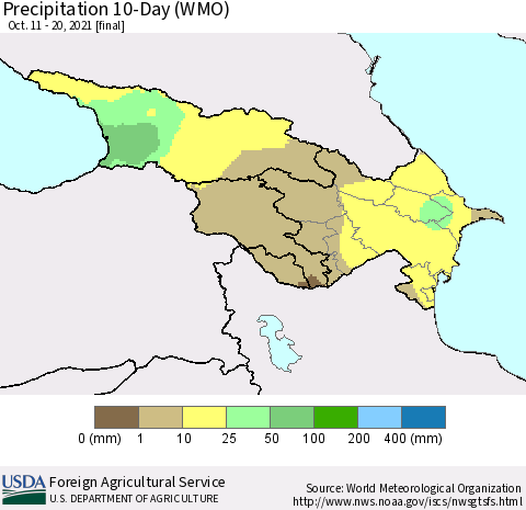 Azerbaijan, Armenia and Georgia Precipitation 10-Day (WMO) Thematic Map For 10/11/2021 - 10/20/2021