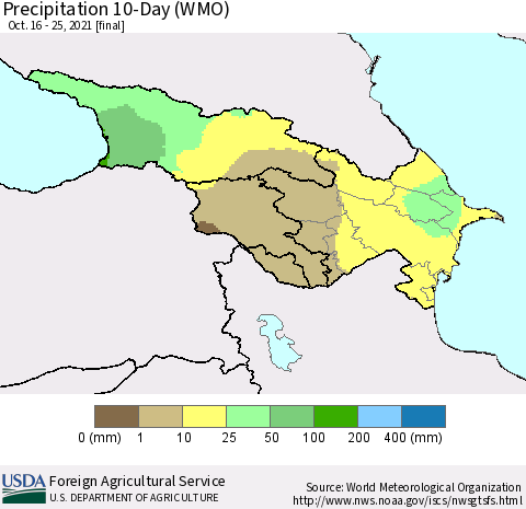 Azerbaijan, Armenia and Georgia Precipitation 10-Day (WMO) Thematic Map For 10/16/2021 - 10/25/2021