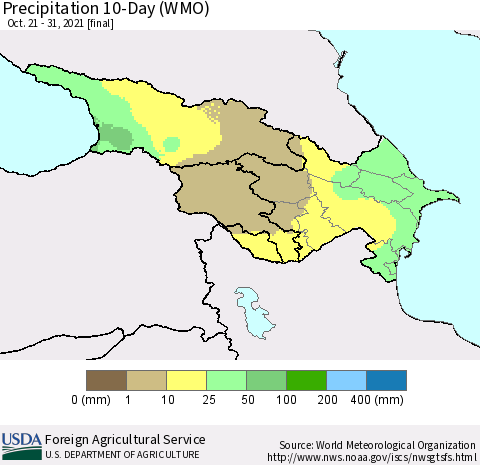 Azerbaijan, Armenia and Georgia Precipitation 10-Day (WMO) Thematic Map For 10/21/2021 - 10/31/2021