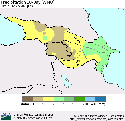 Azerbaijan, Armenia and Georgia Precipitation 10-Day (WMO) Thematic Map For 10/26/2021 - 11/5/2021