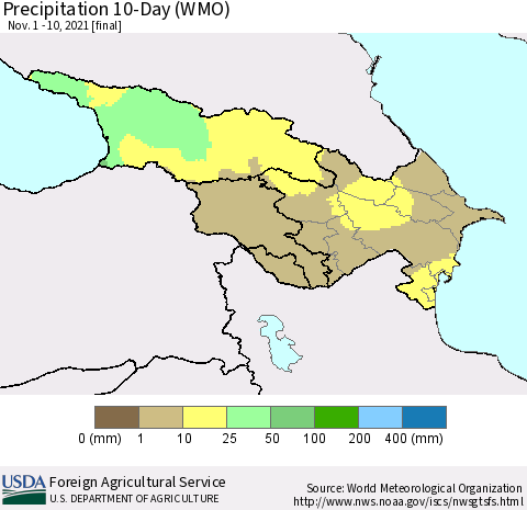 Azerbaijan, Armenia and Georgia Precipitation 10-Day (WMO) Thematic Map For 11/1/2021 - 11/10/2021