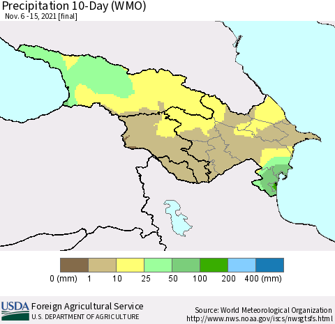 Azerbaijan, Armenia and Georgia Precipitation 10-Day (WMO) Thematic Map For 11/6/2021 - 11/15/2021