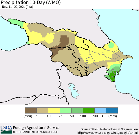 Azerbaijan, Armenia and Georgia Precipitation 10-Day (WMO) Thematic Map For 11/11/2021 - 11/20/2021