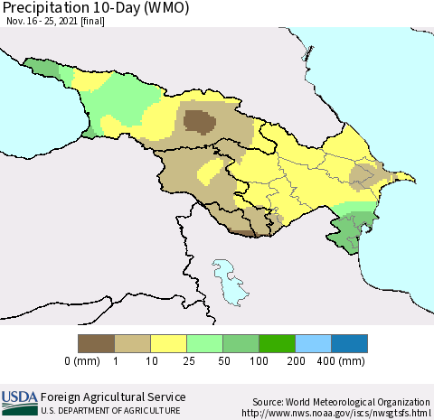 Azerbaijan, Armenia and Georgia Precipitation 10-Day (WMO) Thematic Map For 11/16/2021 - 11/25/2021