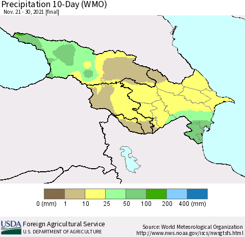 Azerbaijan, Armenia and Georgia Precipitation 10-Day (WMO) Thematic Map For 11/21/2021 - 11/30/2021
