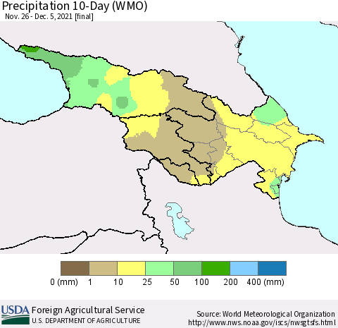 Azerbaijan, Armenia and Georgia Precipitation 10-Day (WMO) Thematic Map For 11/26/2021 - 12/5/2021