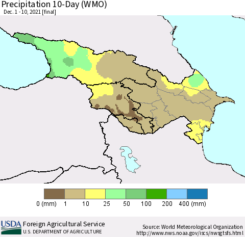 Azerbaijan, Armenia and Georgia Precipitation 10-Day (WMO) Thematic Map For 12/1/2021 - 12/10/2021