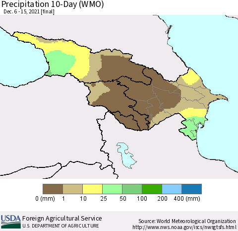 Azerbaijan, Armenia and Georgia Precipitation 10-Day (WMO) Thematic Map For 12/6/2021 - 12/15/2021