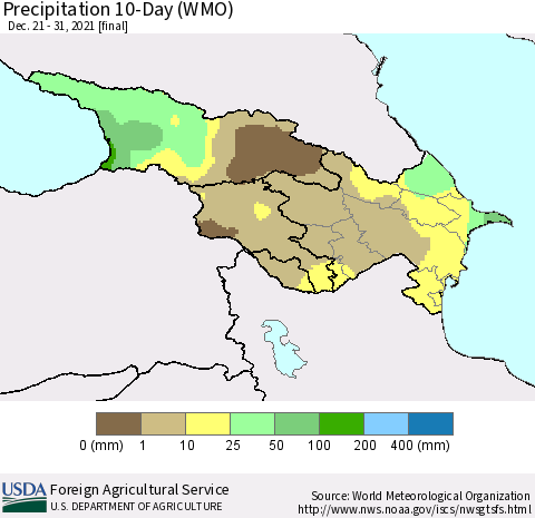 Azerbaijan, Armenia and Georgia Precipitation 10-Day (WMO) Thematic Map For 12/21/2021 - 12/31/2021