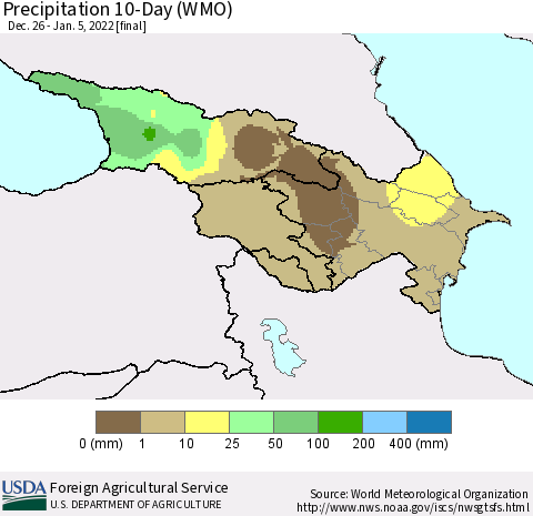 Azerbaijan, Armenia and Georgia Precipitation 10-Day (WMO) Thematic Map For 12/26/2021 - 1/5/2022