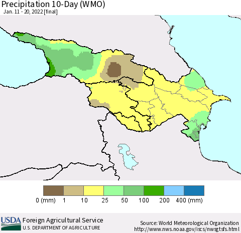 Azerbaijan, Armenia and Georgia Precipitation 10-Day (WMO) Thematic Map For 1/11/2022 - 1/20/2022