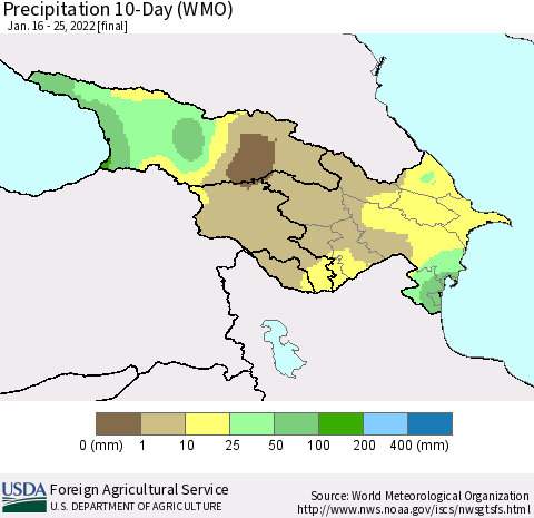 Azerbaijan, Armenia and Georgia Precipitation 10-Day (WMO) Thematic Map For 1/16/2022 - 1/25/2022