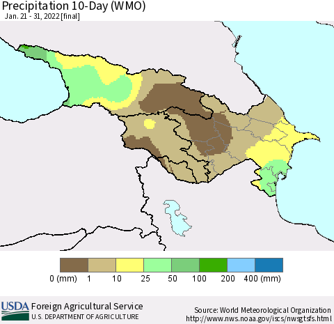 Azerbaijan, Armenia and Georgia Precipitation 10-Day (WMO) Thematic Map For 1/21/2022 - 1/31/2022