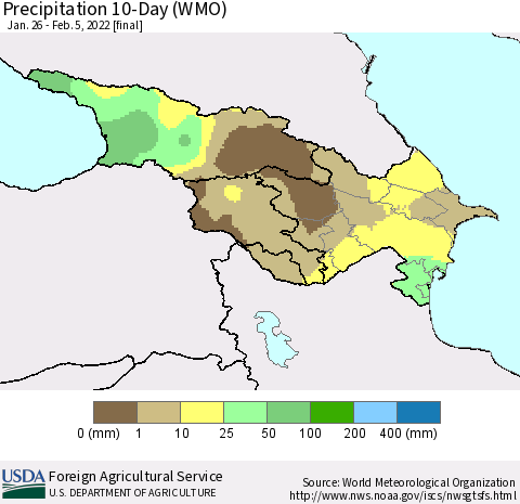 Azerbaijan, Armenia and Georgia Precipitation 10-Day (WMO) Thematic Map For 1/26/2022 - 2/5/2022