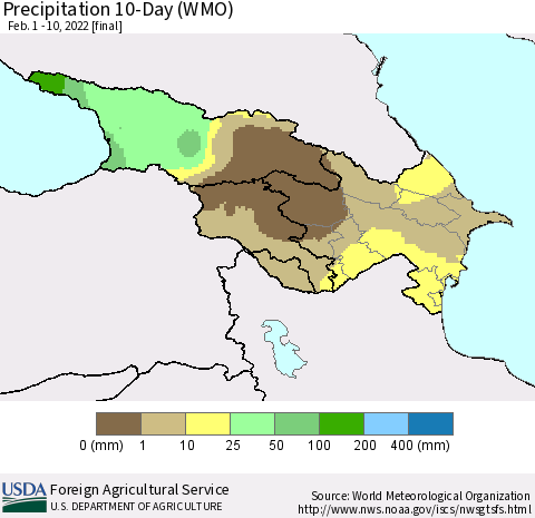 Azerbaijan, Armenia and Georgia Precipitation 10-Day (WMO) Thematic Map For 2/1/2022 - 2/10/2022