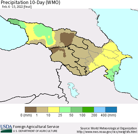 Azerbaijan, Armenia and Georgia Precipitation 10-Day (WMO) Thematic Map For 2/6/2022 - 2/15/2022