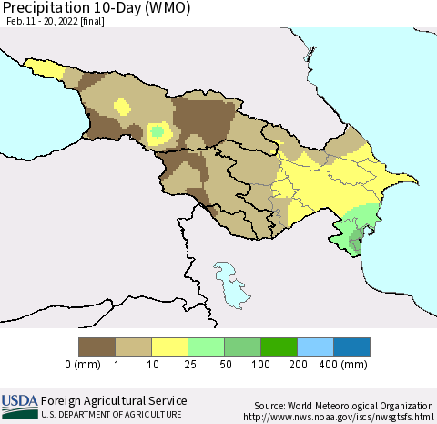 Azerbaijan, Armenia and Georgia Precipitation 10-Day (WMO) Thematic Map For 2/11/2022 - 2/20/2022