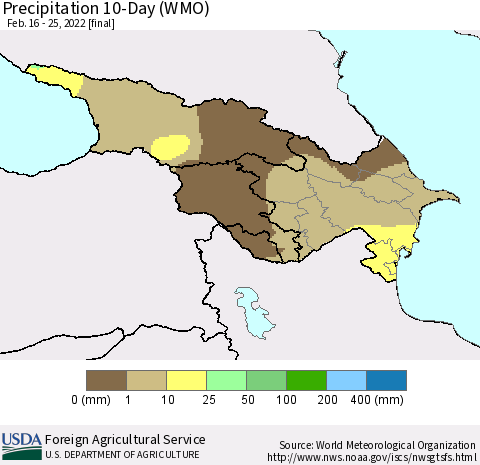 Azerbaijan, Armenia and Georgia Precipitation 10-Day (WMO) Thematic Map For 2/16/2022 - 2/25/2022