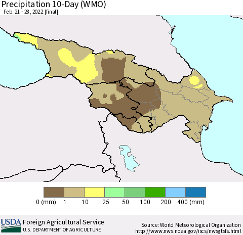 Azerbaijan, Armenia and Georgia Precipitation 10-Day (WMO) Thematic Map For 2/21/2022 - 2/28/2022