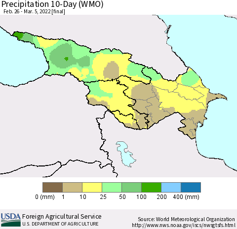 Azerbaijan, Armenia and Georgia Precipitation 10-Day (WMO) Thematic Map For 2/26/2022 - 3/5/2022