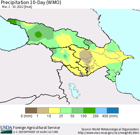 Azerbaijan, Armenia and Georgia Precipitation 10-Day (WMO) Thematic Map For 3/1/2022 - 3/10/2022