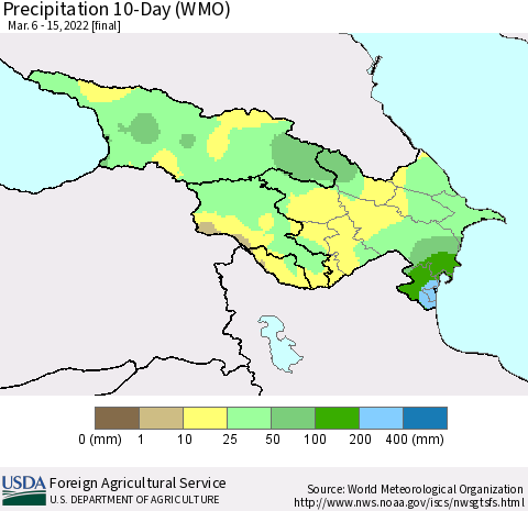Azerbaijan, Armenia and Georgia Precipitation 10-Day (WMO) Thematic Map For 3/6/2022 - 3/15/2022