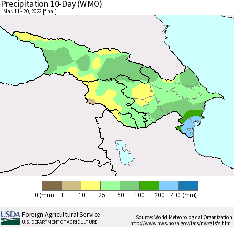 Azerbaijan, Armenia and Georgia Precipitation 10-Day (WMO) Thematic Map For 3/11/2022 - 3/20/2022