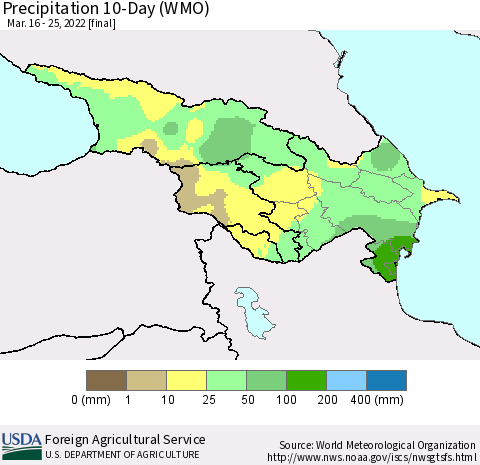 Azerbaijan, Armenia and Georgia Precipitation 10-Day (WMO) Thematic Map For 3/16/2022 - 3/25/2022