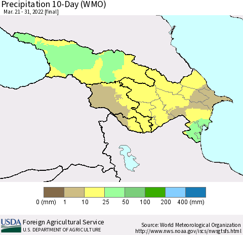 Azerbaijan, Armenia and Georgia Precipitation 10-Day (WMO) Thematic Map For 3/21/2022 - 3/31/2022