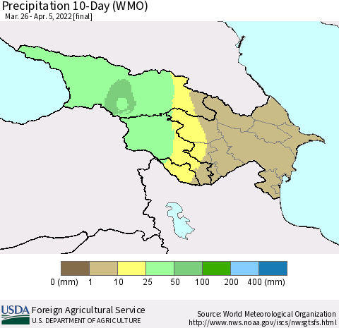 Azerbaijan, Armenia and Georgia Precipitation 10-Day (WMO) Thematic Map For 3/26/2022 - 4/5/2022