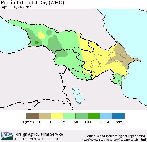 Azerbaijan, Armenia and Georgia Precipitation 10-Day (WMO) Thematic Map For 4/1/2022 - 4/10/2022
