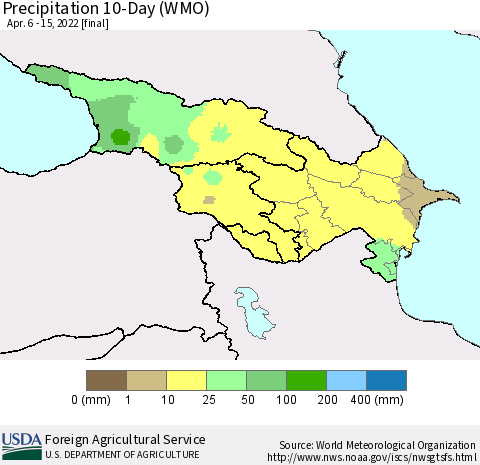 Azerbaijan, Armenia and Georgia Precipitation 10-Day (WMO) Thematic Map For 4/6/2022 - 4/15/2022