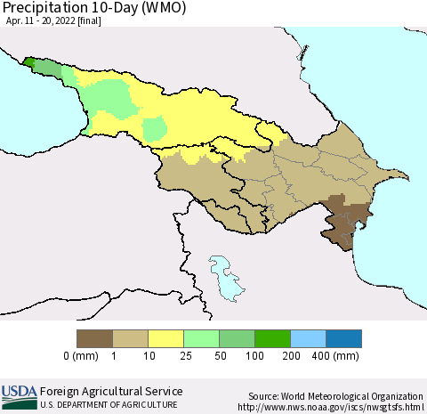 Azerbaijan, Armenia and Georgia Precipitation 10-Day (WMO) Thematic Map For 4/11/2022 - 4/20/2022