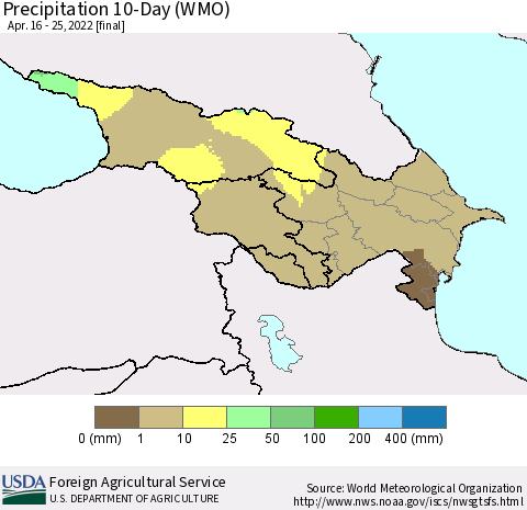 Azerbaijan, Armenia and Georgia Precipitation 10-Day (WMO) Thematic Map For 4/16/2022 - 4/25/2022