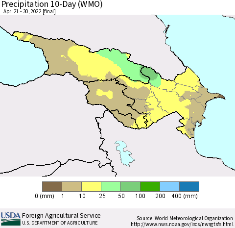 Azerbaijan, Armenia and Georgia Precipitation 10-Day (WMO) Thematic Map For 4/21/2022 - 4/30/2022