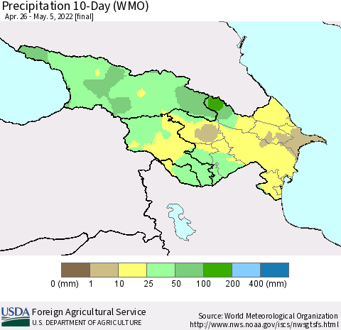 Azerbaijan, Armenia and Georgia Precipitation 10-Day (WMO) Thematic Map For 4/26/2022 - 5/5/2022