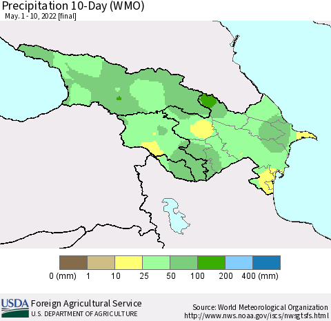 Azerbaijan, Armenia and Georgia Precipitation 10-Day (WMO) Thematic Map For 5/1/2022 - 5/10/2022