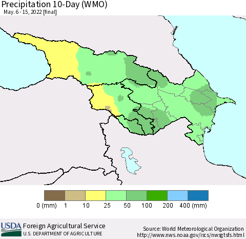 Azerbaijan, Armenia and Georgia Precipitation 10-Day (WMO) Thematic Map For 5/6/2022 - 5/15/2022