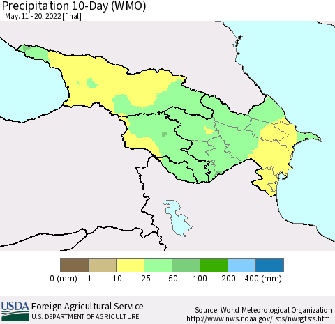 Azerbaijan, Armenia and Georgia Precipitation 10-Day (WMO) Thematic Map For 5/11/2022 - 5/20/2022