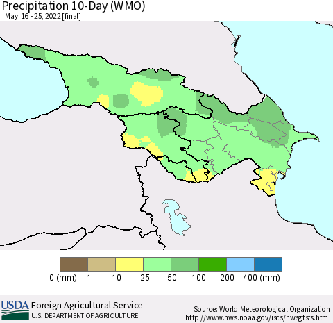 Azerbaijan, Armenia and Georgia Precipitation 10-Day (WMO) Thematic Map For 5/16/2022 - 5/25/2022