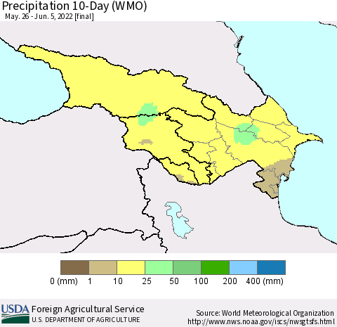 Azerbaijan, Armenia and Georgia Precipitation 10-Day (WMO) Thematic Map For 5/26/2022 - 6/5/2022