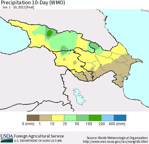 Azerbaijan, Armenia and Georgia Precipitation 10-Day (WMO) Thematic Map For 6/1/2022 - 6/10/2022