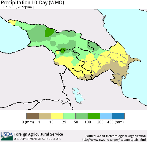 Azerbaijan, Armenia and Georgia Precipitation 10-Day (WMO) Thematic Map For 6/6/2022 - 6/15/2022