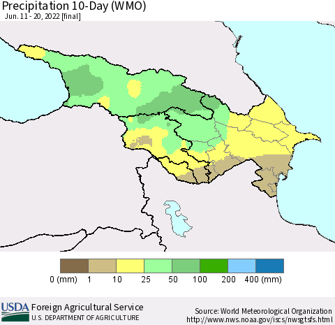 Azerbaijan, Armenia and Georgia Precipitation 10-Day (WMO) Thematic Map For 6/11/2022 - 6/20/2022